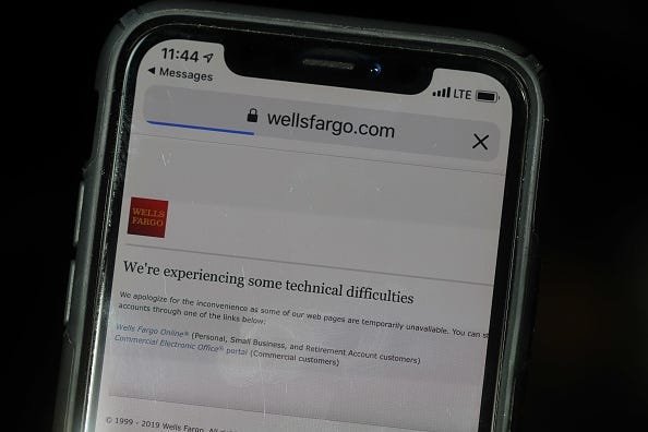 Wells Fargo said some customers experienced outages that impacted its ATMs and mobile and online banking apps