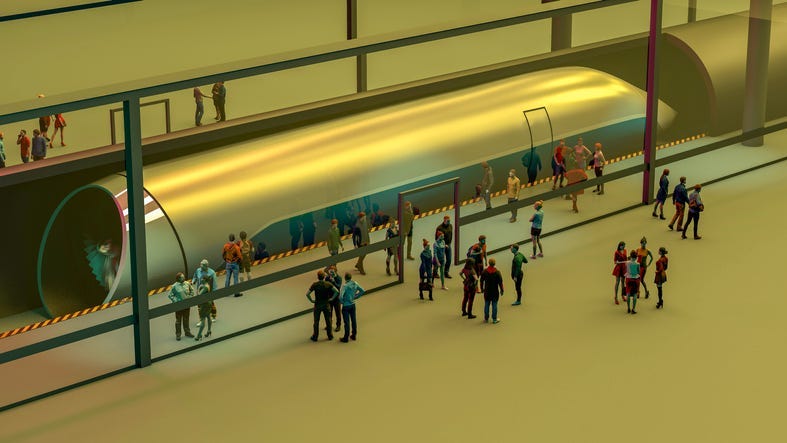 Train station and Hyperloop. Passengers waiting for the train. Futuristic technology for high-speed transport of goods and passengers in low-pressure pipes. 3d rendering