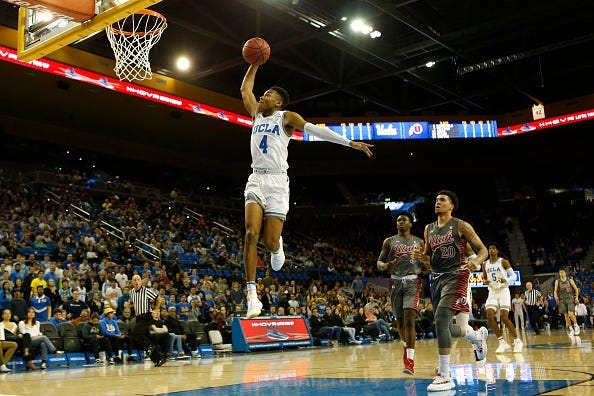Jaylen Hands #4 of the UCLA Bruins prepares to dunk during the second half of a game against the Utah Utes at Pauley Pavilion on February 09, 2019 in Los Angeles, California. (Photo by Katharine Lotze/Getty Images)