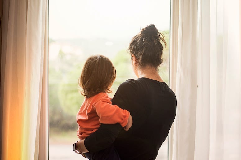 Mother, Son, Looking out window