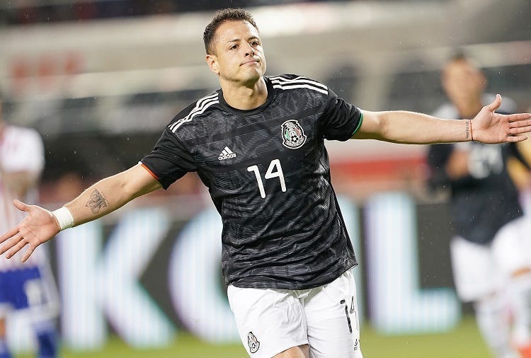 Javier Hernandez #14 of the Mexico National team celebrates after he scored against Paraguay during the first half of their soccer game at Levi's Stadium on March 26, 2019 in Santa Clara, California.