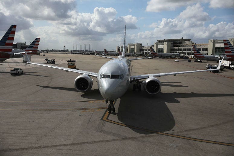 MIAMI, FLORIDA - MARCH 13: An American Airlines Boeing 737 Max 8 is seen as it pulls into its gate after arriving at the Miami International Airport from LaGuardia Airport on March 13, 2019 in Miami, Florida.