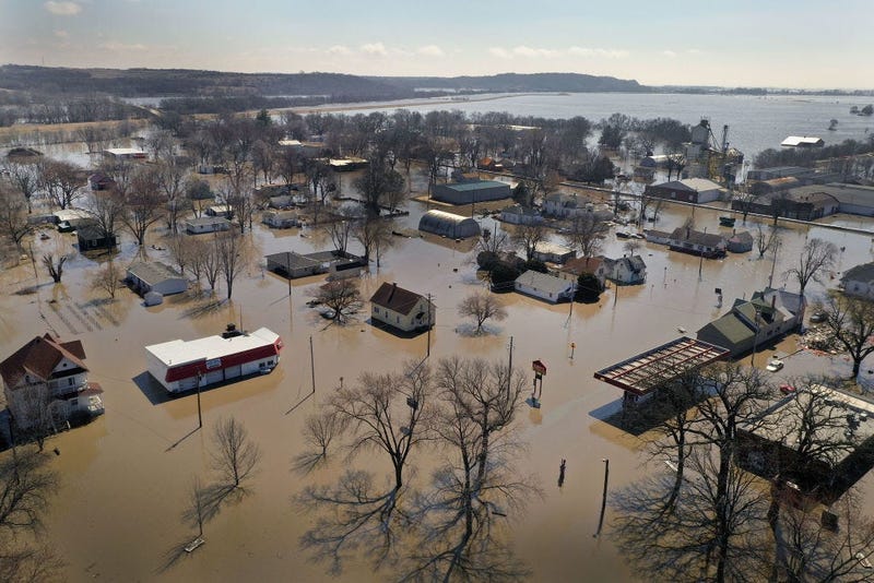 Homes and businesses are surrounded by floodwater on March 20, 2019 in Hamburg, Iowa.