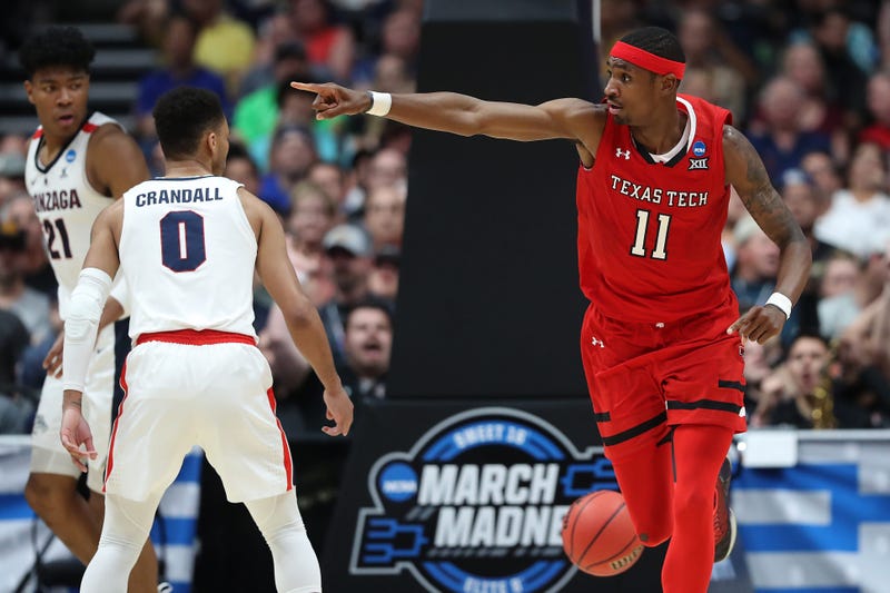 Tariq Owens #11 of the Texas Tech Red Raiders celebrates after a play against the Gonzaga Bulldogs during the second half of the 2019 NCAA Men's Basketball Tournament West Regional at Honda Center on March 30, 2019