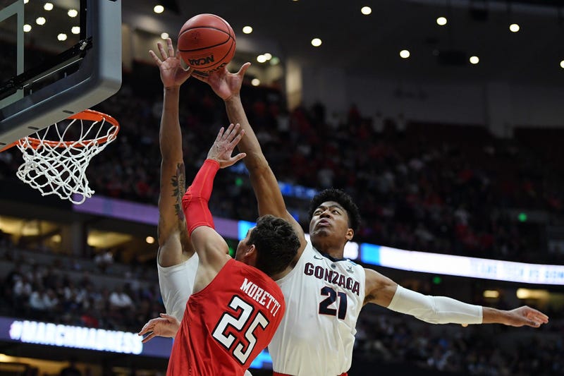 Gonzaga's Rui Hachimura blocks the shot of Davide Moretti of Texas Tech in the 2019 NCAA Men's Basketball Tournament West Regional