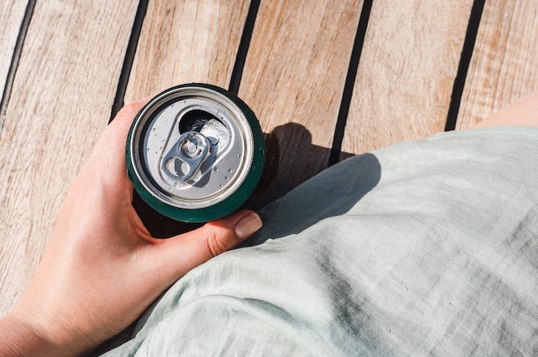 Woman, Deck, Beer, Can