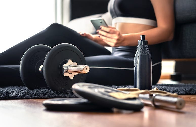 Exercise, Workout, Home, Weights, Cell Phone, Woman