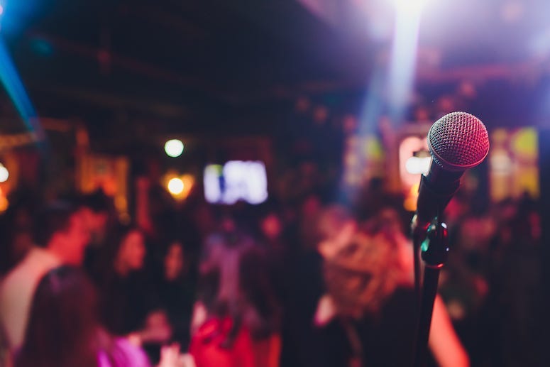 Karaoke Bar, Microphone, Bar, Patrons, People, Lights, Blurry