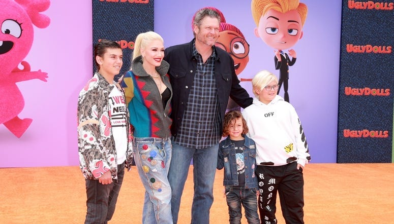 LOS ANGELES, CALIFORNIA - APRIL 27: (L-R) Kingston Rossdale, Gwen Stefani, Blake Shelton, Apollo Bowie Flynn Rossdale, and Zuma Nesta Rock Rossdale attend STX Films World Premiere of "UglyDolls" at Regal Cinemas L.A. Live on April 27, 2019 in Los Angeles,