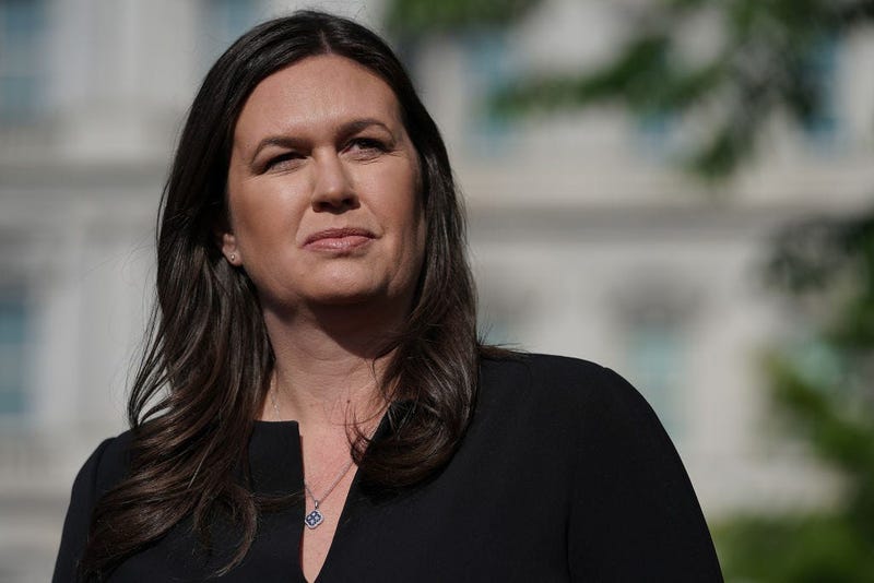 White House Press Secretary Sarah Huckabee Sanders talks to reporters after being interviewed on FOX News outside the White House April 29, 2019 in Washington, DC.
