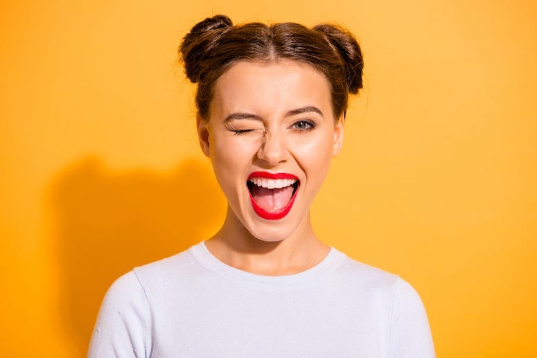 Woman, Lady, Flirting, Flirty, Wink, Smile, Orange Background