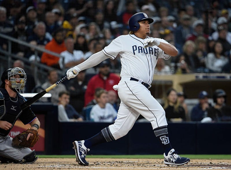 JUNE 1: Josh Naylor #22 of the San Diego Padres hits a two-run home run during the second inning of a baseball game against the Miami Marlins at Petco Park June 1, 2019 in San Diego, California. (Photo by Denis Poroy/Getty Images)