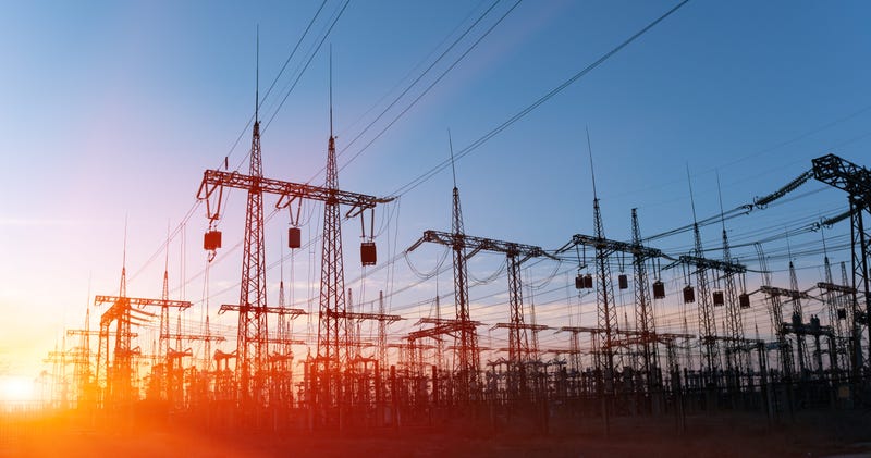 High-voltage power lines. Electricity distribution station. high voltage electric transmission tower