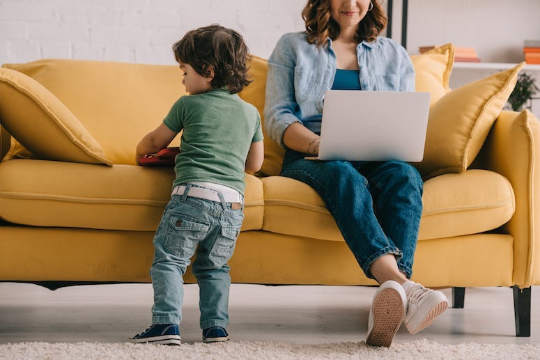 Mom, Son, Couch, Laptop, Working From Home