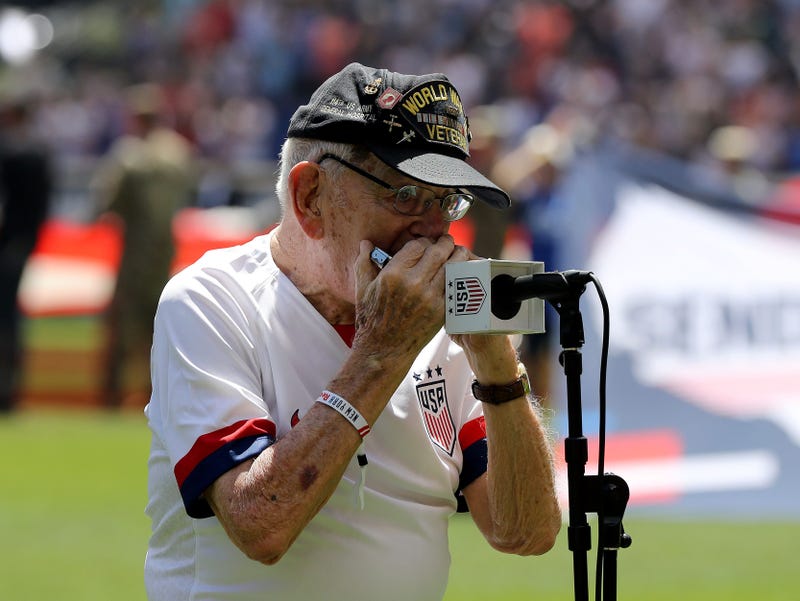 HARRISON, NEW JERSEY - MAY 26: WWII veteran "Harmonica Pete" DuPre performs the national anthem before the match between the the United States and Mexico at Red Bull Arena on May 26, 2019 in Harrison, New Jersey. 
