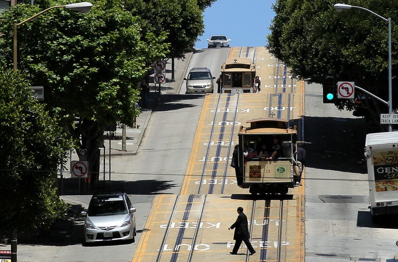 Cable cars travel along Powell Street on June 9, 2011 in San Francisco, California.