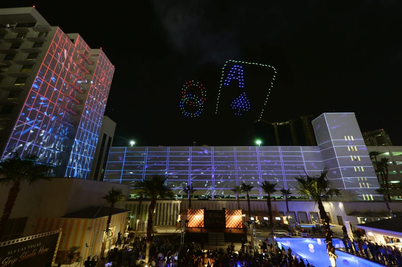 Guests gather for an unexpected, custom-designed Intel Drone Light Show for the debut of the new SAHARA Las Vegas on June 27, 2019 in Las Vegas, Nevada.