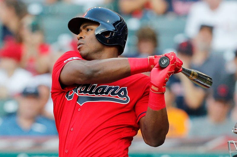CLEVELAND, OH - AUGUST 01: Yasiel Puig #66 of flies out in his first at-bat with the Cleveland Indians against the Houston Astros in the first inning at Progressive Field on August 1, 2019 in Cleveland, Ohio. Puig was acquired from the Cincinnati Reds on