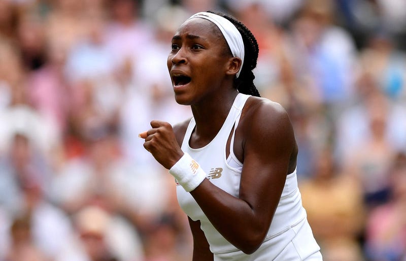 Cori Gauff of The United States celebrates winning the second set in her Ladies' Singles third round match against Polona Hercog of Slovenia during Day five of The Championships - Wimbledon 2019