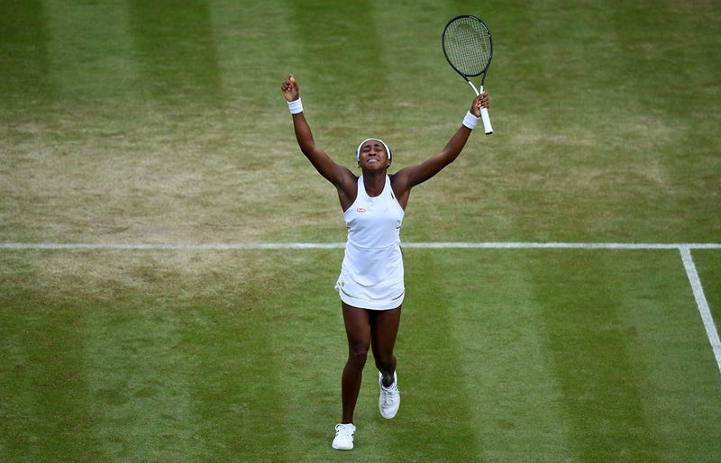 Cori Gauff of The United States celebrates match point in her Ladies' Singles third round match against Polona Hercog of Slovenia during Day five of The Championships - Wimbledon 2019