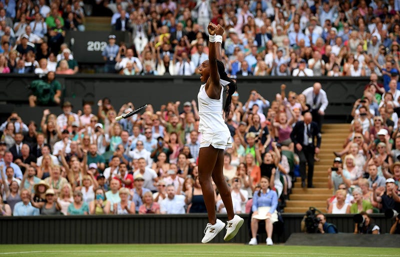 Cori Gauff of The United States celebrates match point in her Ladies' Singles third round match against Polona Hercog of Slovenia during Day five of The Championships - Wimbledon 2019 at All England Lawn Tennis and Croquet Club 