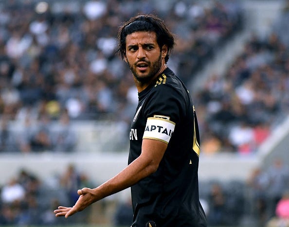Carlos Vela #10 of Los Angeles FC reacts for a call from the referee during the first half against the Vancouver Whitecaps at Banc of California Stadium