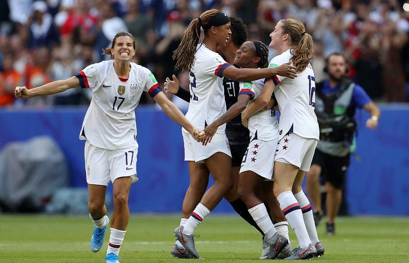 Tobin Heath of the USA celebrates with teammates following the 2019 FIFA Women's World Cup France Final match between The United States of America and The Netherlands at Stade de Lyon on July 07, 2019 in Lyon, France