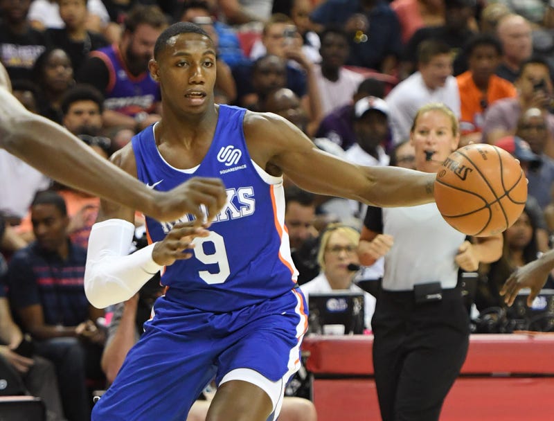 RJ Barrett #8 of the New York Knicks brings the ball up the court against the Phoenix Suns during the 2019 NBA Summer League