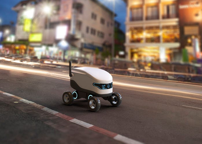 Self-driving delivery robot concept. 3D illustration