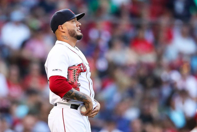 BOSTON, MA - AUGUST 10: Hector Velazquez #76 of the Boston Red Sox reacts after giving up a run to Shohei Ohtani #17 of the Los Angeles Angels in the seventh inning of a game at Fenway Park on August 10, 2019 in Boston, Massachusetts. (Photo by Adam Glanz