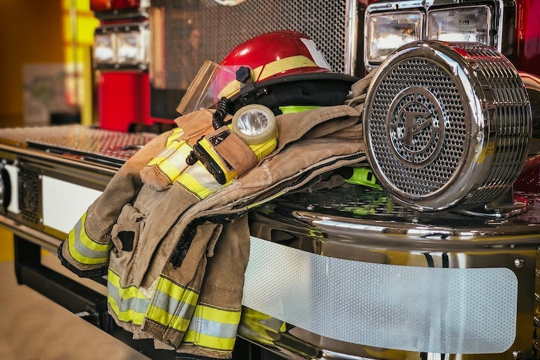 Firefighter, Protection Gear, Helmet, Jacket, Truck