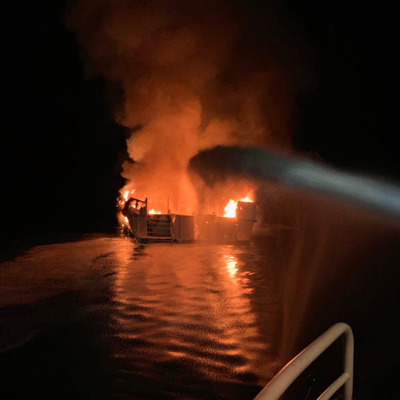 In this handout provided by Ventura County Fire Department, the 75-foot Conception, based in Santa Barbara Harbor, burns after catching fire early September 2, 2019 anchored off Santa Cruz Island, California.