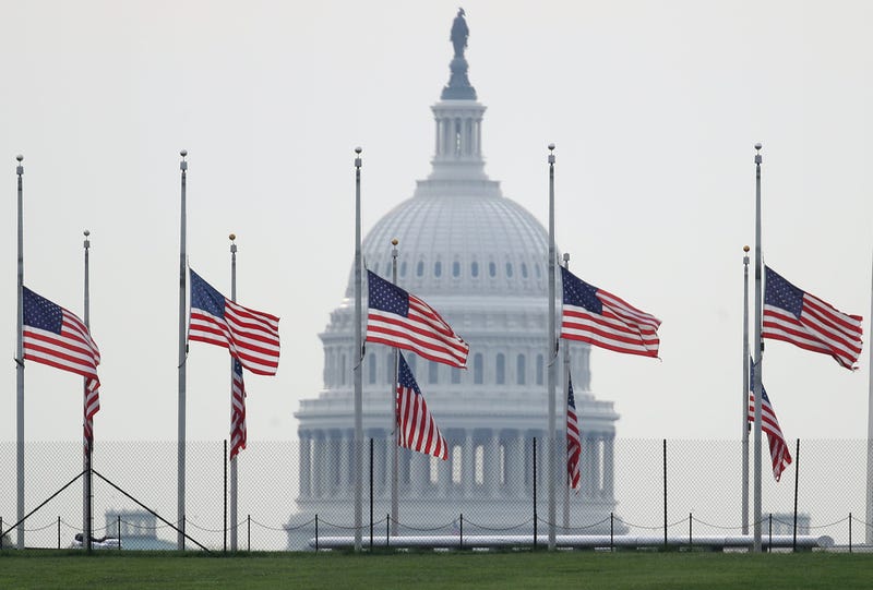 The American flag flies at half staff over the U.S. Capitol in memory of those killed in the recent mass shootings in El Paso, Texas and Dayton, Ohio August 5, 2019 in Washington, DC.