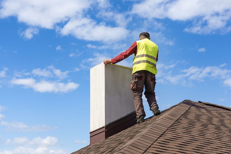 Construction Worker, Roof, Chimney, Blue Sky, Clouds, Safety Vest