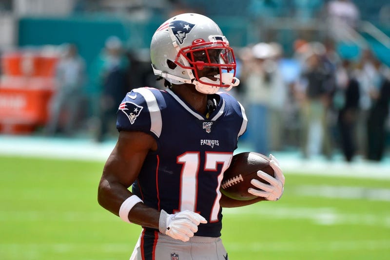 Antonio Brown #17 of the New England Patriots during warmups before the start of the game against the Miami Dolphins at Hard Rock Stadium on September 15, 2019 in Miami, Florida.