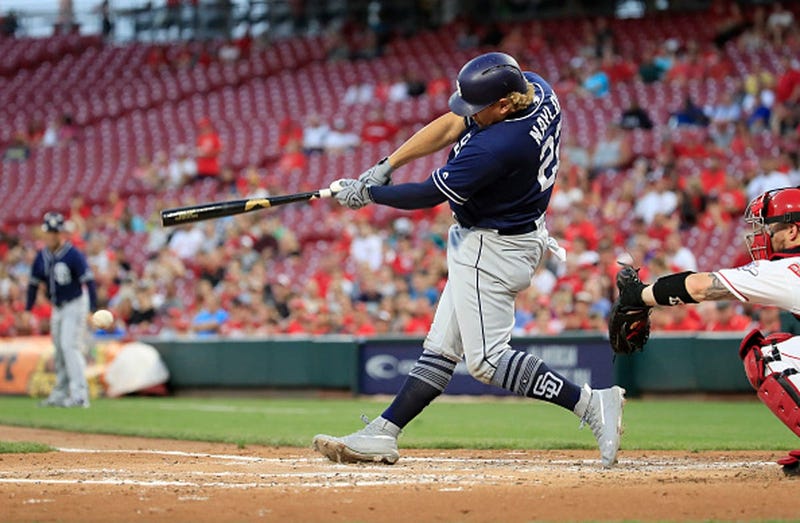 AUGUST 20: Josh Naylor #22 of the San Diego Padres hits the ball against the Cincinnati Reds at Great American Ball Park on August 20, 2019 in Cincinnati, Ohio. (Photo by Andy Lyons/Getty Images)