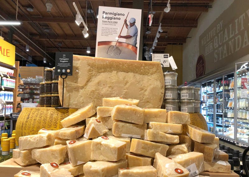 Parmigiano Reggiano cheese imported from Italy is displayed at a Whole Foods store on August 26, 2019 in Mill Valley, California.