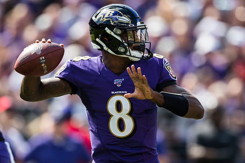 Lamar Jackson #8 of the Baltimore Ravens attempts a pass against the Cleveland Browns during the first half at M&T Bank Stadium on September 29, 2019 in Baltimore, Maryland. (Photo by Scott Taetsch/Getty Images)
