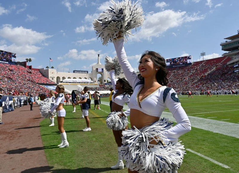 LOS ANGELES, CA - SEPTEMBER 29: Los Angeles Rams cheerleaders on the sideline while they play the Tampa Bay Buccaneers at Los Angeles Memorial Coliseum on September 29, 2019 in Los Angeles, California. (Photo by John McCoy/Getty Images)