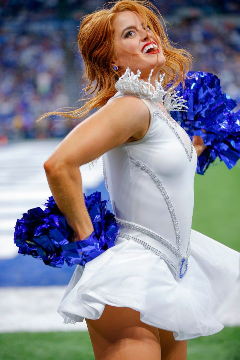 INDIANAPOLIS, IN - SEPTEMBER 29: An Indianapolis Colts cheerleader performs during the game against the Oakland Raiders at Lucas Oil Stadium on September 29, 2019 in Indianapolis, Indiana. (Photo by Michael Hickey/Getty Images)