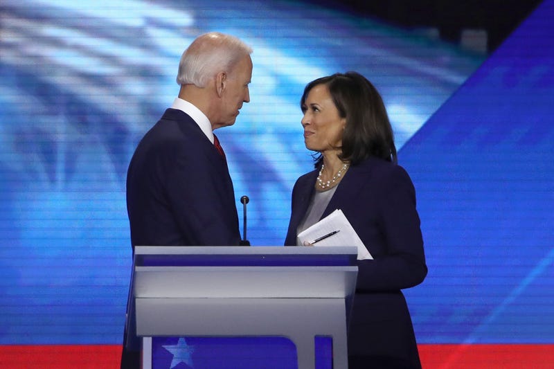 Democratic presidential candidates former Vice President Joe Biden and Sen. Kamala Harris (D-CA) speak after the Democratic Presidential Debate at Texas Southern University's Health and PE Center on September 12, 2019 in Houston, Texas.