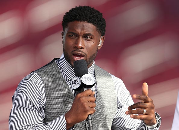 LOS ANGELES, CALIFORNIA - SEPTEMBER 20: Former USC running back Reggie Bush attends the USC game against Utah as a guest on the pregame show on Fox Sports at Los Angeles Memorial Coliseum on September 20, 2019 in Los Angeles, California. (Photo by Meg Oli