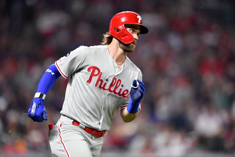Bryce Harper #3 of the Philadelphia Phillies runs out a single to right during the sixth inning against the Cleveland Indians at Progressive Field on September 20, 2019 in Cleveland, Ohio.