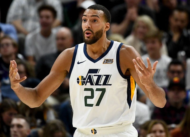 Rudy Gobert #27 of the Utah Jazz reacts to a call during an opening night game against the Oklahoma City Thunder in Salt Lake City, Utah.