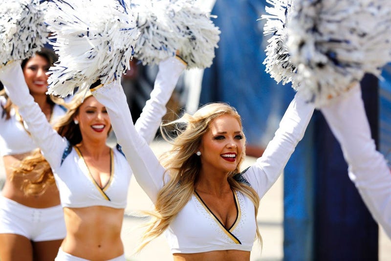 LOS ANGELES, CALIFORNIA - SEPTEMBER 29: The Los Angeles Rams cheerleaders enter the field ahead of a game between the Los Angeles Rams and the Tampa Bay Buccaneers at Los Angeles Memorial Coliseum on September 29, 2019 in Los Angeles, California. (Photo b