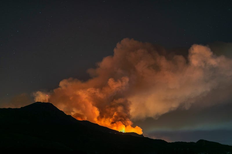 The Maria Fire burns on a hillside as it expands up to 8,000 acres on its first night on November 1, 2019 near Somis, California.