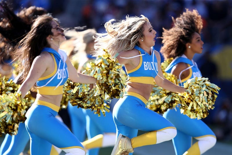 CARSON, CALIFORNIA - OCTOBER 06: The Los Angeles Chargers cheerleaders perform during the second half of a game against the Denver Broncos at Dignity Health Sports Park on October 06, 2019 in Carson, California. (Photo by Sean M. Haffey/Getty Images)