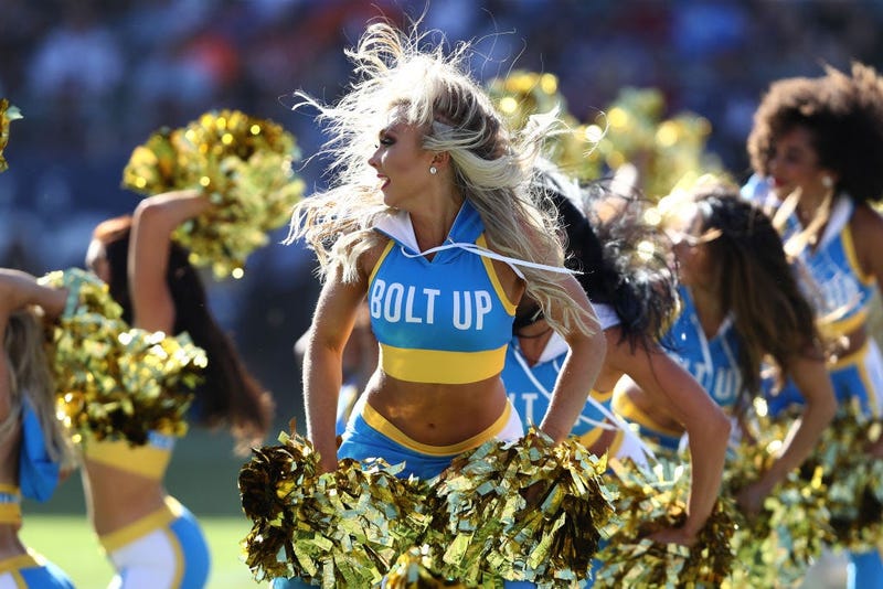 CARSON, CALIFORNIA - OCTOBER 06: The Los Angeles Chargers cheerleaders perform during the second half of a game against the Denver Broncos at Dignity Health Sports Park on October 06, 2019 in Carson, California. (Photo by Sean M. Haffey/Getty Images)