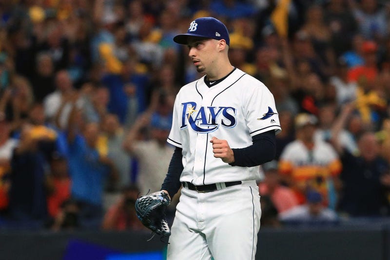 Blake Snell #4 of the Tampa Bay Rays celebrates his team's win.