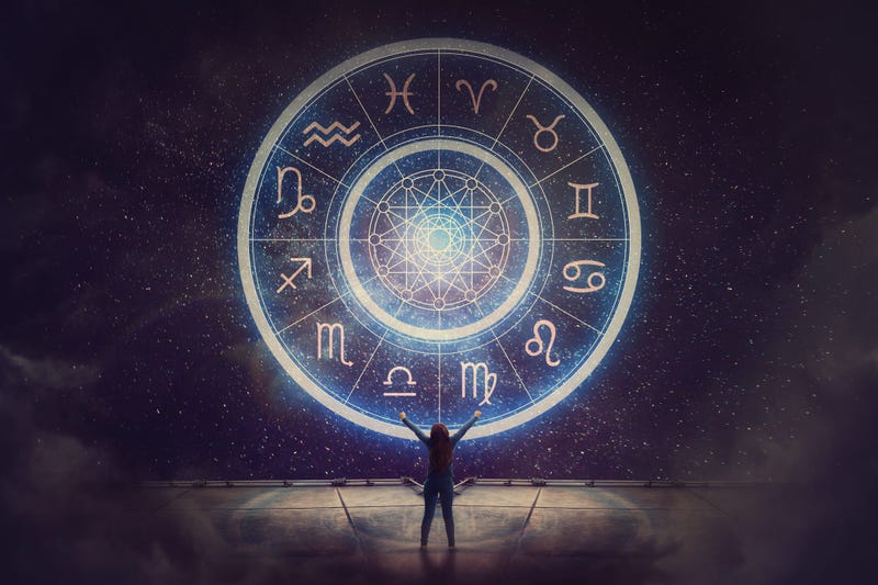 Woman raising hands looking at the night sky. Astrological wheel projection, choose a zodiac sign. Trust horoscope future predictions, consulting stars. Power of universe, astrology esoteric concept